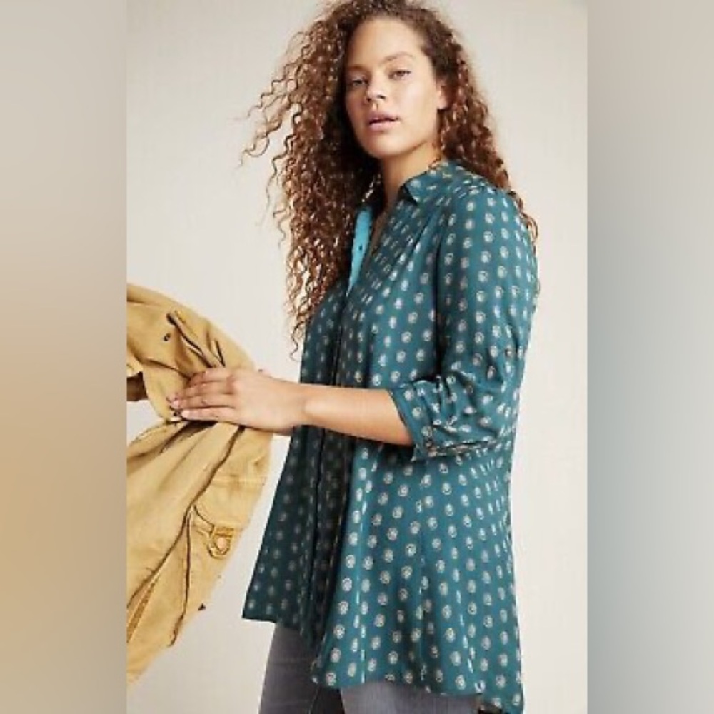 Maeve button down tunic in dark green pattern size XS